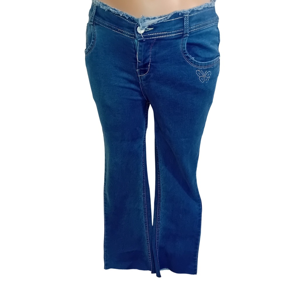 Y2K Paris‎ Jeanswear Denim Jean Medium Wash Rhinestone Butterfly Frayed Flare 30